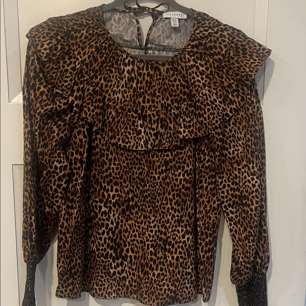 Topshop Animal Print Ruffle Blouse